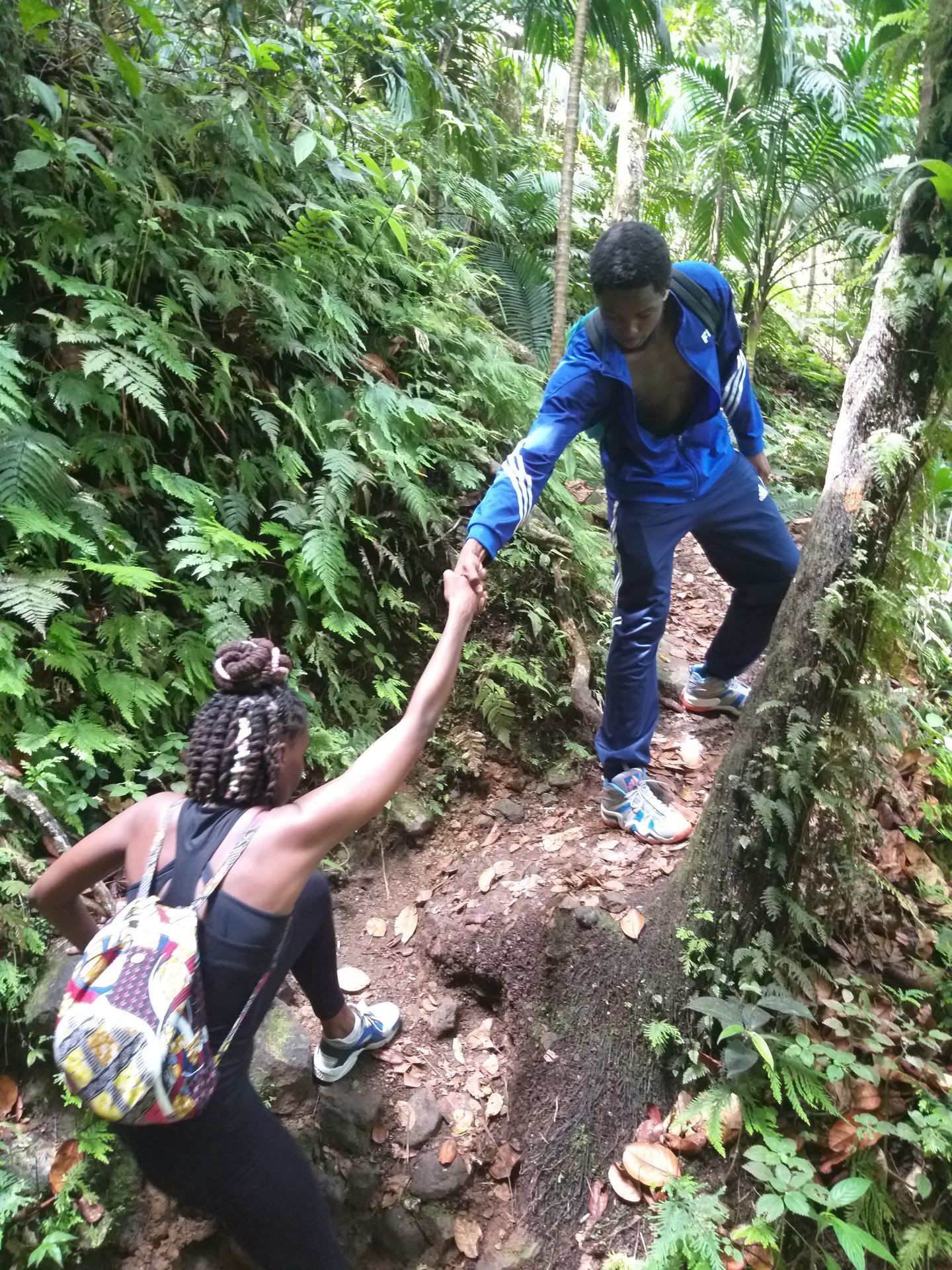 traveler with backpack ia helped by another to climb up a rock along a forest trail